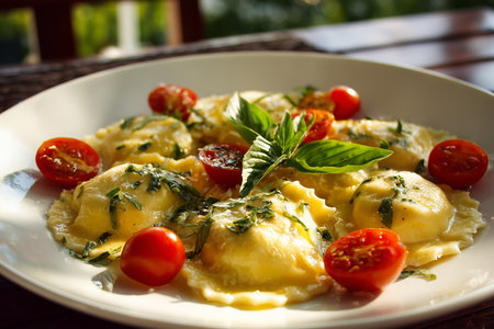 A plate of ravioli topped with fresh basil and surrounded by vibrant cherry tomatoes sits on a wooden table in a bright outdoor setting, showing a delightful culinary experience.の素材