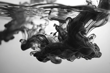 Black ink disperses in clear water, creating beautiful, swirling patterns that capture the fluid movement and interplay of colors beneath the surface.の素材