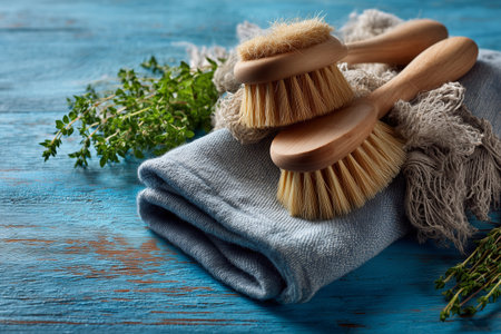 Two wooden cleaning brushes rest on a blue wooden table with a folded cloth and fresh herbs nearby, creating a calm and clean setting for household chores.の素材