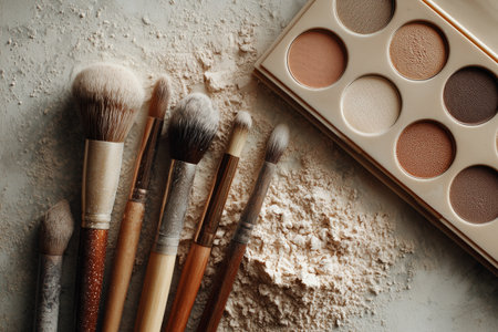 A makeup palette featuring various shades sits next to several brushes. Colorful pigments are scattered on the surface, highlighting creativity and artistry in makeup application.の素材