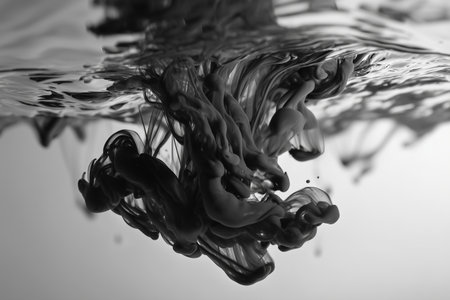 Black ink disperses in clear water, creating beautiful, swirling patterns that capture the fluid movement and interplay of colors beneath the surface.の素材