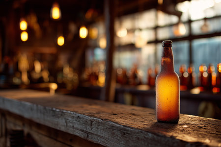 A frosty bottle of beer sits on an old wooden bar, glistening with condensation. Soft light filters through the rustic interior, creating a cozy atmosphere.の素材