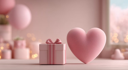 A soft pink heart sits beside a wrapped gift box on a light surface, with blurred festive decorations in the background, creating a warm and inviting scene.の素材