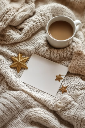 A cozy scene with a white blank card placed on a soft knit blanket. Surrounding the card are golden star decorations and a steaming cup of coffee, evoking warmth and comfort.の素材