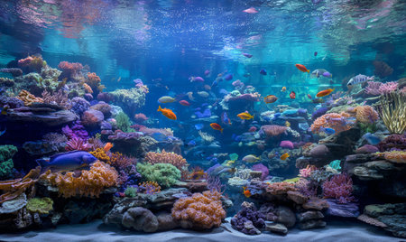 Colorful fish swim among vibrant corals in a large aquarium, creating a stunning underwater environment. The scene captures the beauty of marine life and coral diversity.の素材