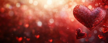 Shiny red hearts float in a warm and colorful background, creating a magical atmosphere. This scene evokes feelings of love, joy, and celebration.の素材