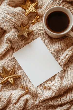 A cozy scene with a white blank card placed on a soft knit blanket. Surrounding the card are golden star decorations and a steaming cup of coffee, evoking warmth and comfort.の素材