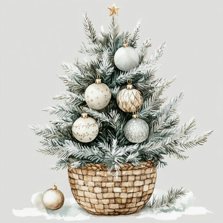 A beautiful pine tree stands elegantly in a woven basket, adorned with light-colored ornaments. Its fresh branches create a warm and inviting atmosphere for the holiday season.の素材