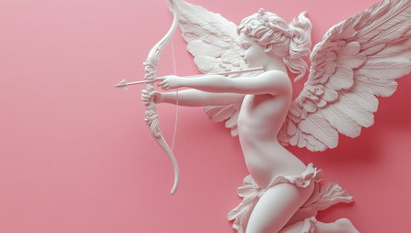 A white Cupid figure is depicted drawing a bow and arrow against a soft pink background. The sculpture features detailed wings and floral elements, evoking themes of love and romance.の素材