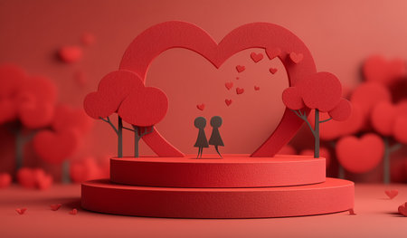 The scene features a large heart shape and a smaller heart on a round platform. Floating red hearts surround them, creating a romantic and inviting atmosphere.の素材
