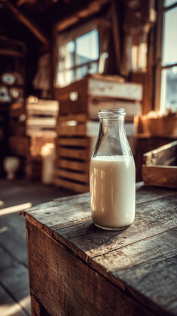 A glass bottle filled with milk sits on a wooden table. The warm, ambient lighting and wooden crates in the background create a cozy atmosphere in the cafe.の素材