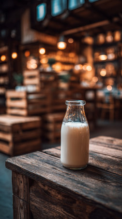 A glass bottle filled with milk sits on a wooden table. The warm, ambient lighting and wooden crates in the background create a cozy atmosphere in the cafe.の素材