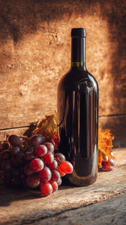 A bottle of red wine stands elegantly beside a cluster of fresh grapes on a wooden surface illuminated by soft, warm light, creating a cozy atmosphere.の素材