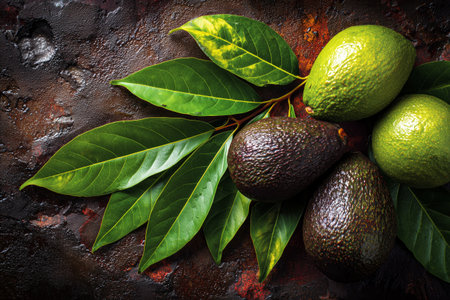Avocados with smooth green and dark brown skins rest among vibrant green leaves on a rustic dark surface, showing their natural beauty and organic appeal.の素材