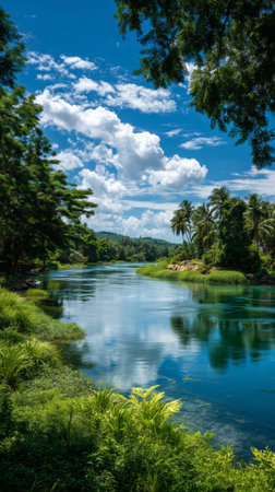 A serene river reflects the vibrant blue sky and clouds. Lush greenery lines the banks, while palm trees stand tall in the background under the warm sun.の素材