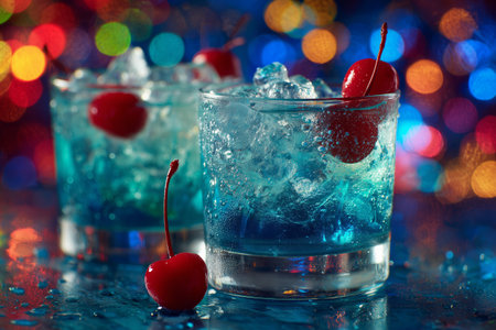 Two vibrant cocktails sit on a wooden table overlooking a beautiful beach. The sun shines brightly as waves crash in the background, creating a perfect summer scene.の素材