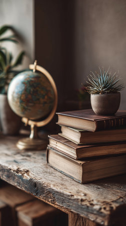 Stacks of vintage books rest on a wooden table next to a decorative globe and a tiny plant, creating a warm, inviting atmosphere perfect for reading and studying.の素材