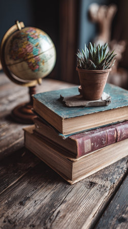 Three books are stacked on a rustic wooden table. A small plant in a pot and a globe are nearby, creating a warm and inviting atmosphere in a cozy room.の素材