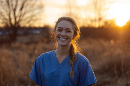 A healthcare worker in blue scrubs stands in a sunlit field, smiling while the sun sets behind her. The warm light highlights her joyful expression and the greenery around.の素材
