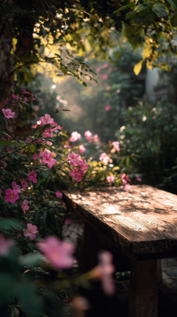 A wooden table sits in a peaceful garden surrounded by vibrant pink flowers, with soft sunlight filtering through the leaves, creating a calm atmosphere.の素材