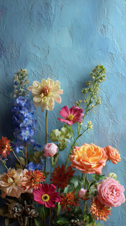 A vibrant bouquet of flowers including dahlias, peonies, and cosmos is displayed against a striking blue backdrop, highlighting the beauty of nature indoors.の素材