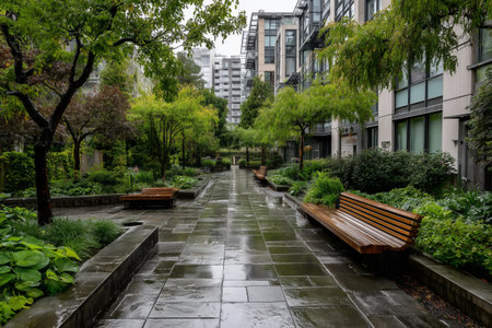 A serene stone walkway is lined with wooden benches and lush trees. The pathway reflects a calm atmosphere in a vibrant city garden, perfect for relaxation and enjoyment.の素材