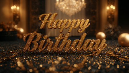 A glittering happy birthday sign stands out on a decorated table, surrounded by gold accents, sparkling confetti, and soft warm lights in a festive setting.の素材