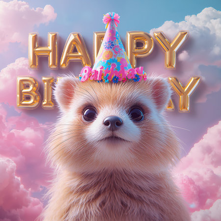 A small, fluffy animal wearing a festive birthday hat looks joyfully at the viewer. Bright clouds and colorful letters create a cheerful atmosphere for a birthday celebration.の素材
