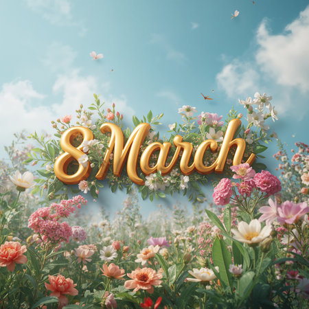 Golden lettering of March 8 stands tall among colorful flowers under a bright blue sky, signifying a celebration of womens achievements in a beautiful outdoor setting.の素材