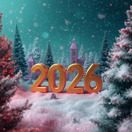 The scene features a large golden number 2026 surrounded by soft snow, colorful evergreen trees, and a whimsical building in the background, creating a festive winter atmosphere.の素材
