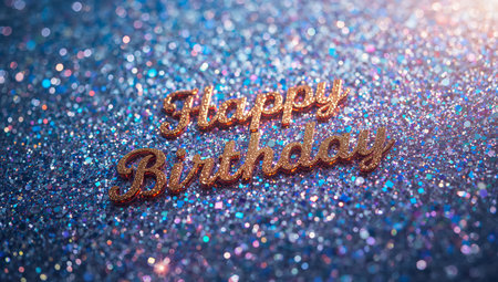 Happy birthday text shines brightly on a glittery background. The colorful sparkles create a festive atmosphere, perfect for celebration.の素材