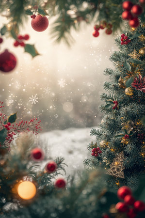 A colorful toy train travels along a snowy track with small green trees surrounding it. The scene is filled with holiday spirit, featuring decorations and soft lights.の素材