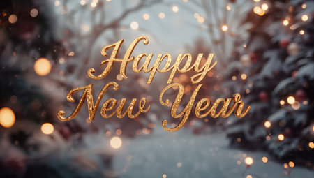 The scene features a warm, golden Happy New Year greeting surrounded by softly glowing lights and snow-covered trees. It captures the festive spirit of winter celebrations.の素材