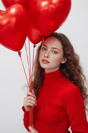 A young woman with wavy hair stands in a bright space, holding several red heart-shaped balloons. She wears a red turtleneck and has a thoughtful expression.の素材