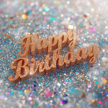 A shiny happy birthday sign rests on a glittery surface filled with colorful sparkles. This festive decoration adds joy and celebration to birthday events and parties.の素材