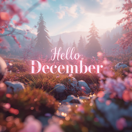 A vibrant scene shows pink blossoms in a grassy field surrounded by trees and mountains during sunrise, celebrating the arrival of December with a peaceful atmosphere.の素材