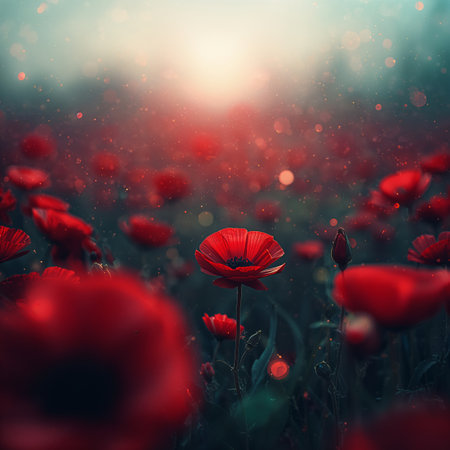 A vast field is filled with vibrant red poppies under a soft sunset glow. The flowers sway gently in the breeze, creating a peaceful and enchanting atmosphere.の素材