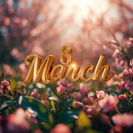 Golden lettering displays March 8 against a vibrant background of blooming flowers. This scene symbolizes the celebration of Womens Day in a beautiful, natural setting.の素材