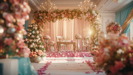 Beautifully arranged wedding ceremony space featuring floral decorations, elegant chairs, and soft lighting, creating a romantic atmosphere for a special occasion.の素材