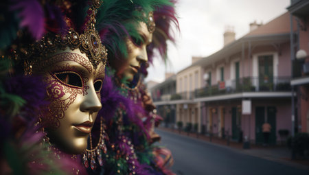 A vibrant street in a historic district comes alive at sunset as people walk past colorful decorations and a decorative mask. The atmosphere is filled with festive energy and excitement.の素材
