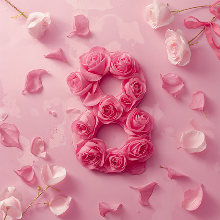 Soft pink background features a number eight made of beautiful roses, surrounded by scattered petals. This display adds a charming touch for a birthday or celebration.の素材