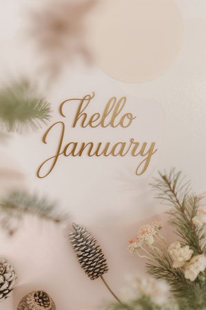 January is welcomed with a warm greeting and natural elements such as pine cones and greenery, creating a cozy and inviting atmosphere for the new year.の素材