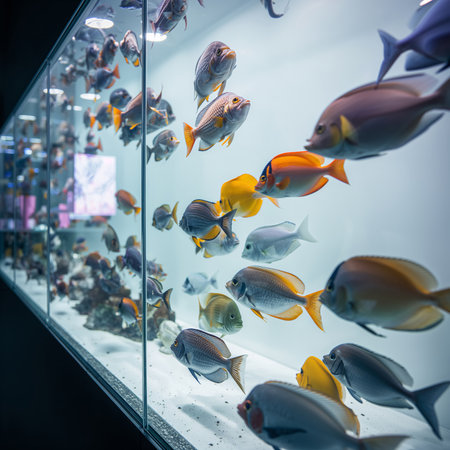 A vibrant display of various fish species gliding through water in a spacious aquarium. Visitors admire the marine life at a daylight exhibit in a public space.の素材