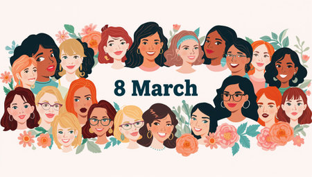 A colorful array of illustrations represents various women of different backgrounds, celebrating diversity and unity on March 8, International Womens Day.の素材