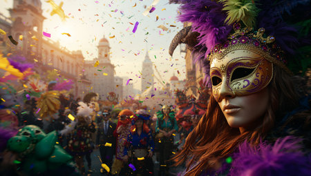 Festive masks, colorful decorations, and twinkling lights fill the streets of New Orleans while people celebrate at sunset, creating a lively atmosphere filled with excitement.の素材