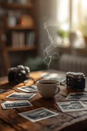 A warm cup of coffee rests on a wooden table, surrounded by black and white photographs and vintage cameras, creating a nostalgic and inviting atmosphere in the room.の素材