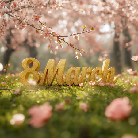 The scene features lush pink flowers in full bloom, creating a magical atmosphere for celebrating March 8. Soft sunlight filters through the blossoms, enhancing the vibrant colors.の素材