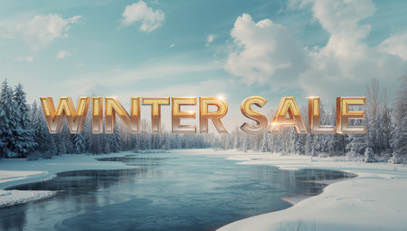 A stunning winter scene showcases a frozen lake surrounded by trees. Golden text displaying winter sale glitters in the bright sky, inviting shoppers to enjoy seasonal discounts.の素材