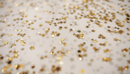 Shimmering gold and silver snowflakes mix with colorful glitter on a white surface, capturing a joyful winter vibe in preparation for festive events.の素材