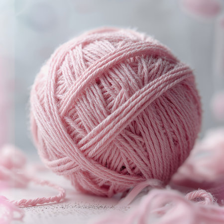 A soft pink ball of yarn sits on a light background, surrounded by loose strands. Ideal for knitting and crafting projects, adding a touch of color and texture.の素材